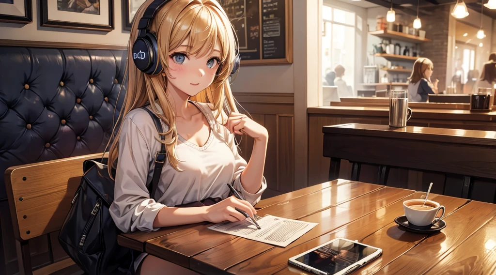 Girl with headphones enjoying music in a cafe I am studying Emphasize a little bit of the chest
