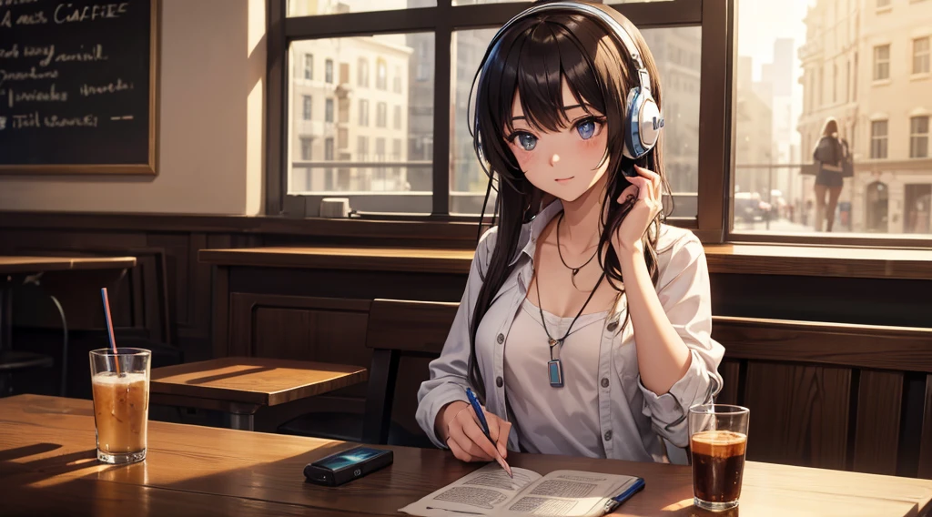 Girl with headphones enjoying music in a cafe I am studying Emphasize a little bit of the chest