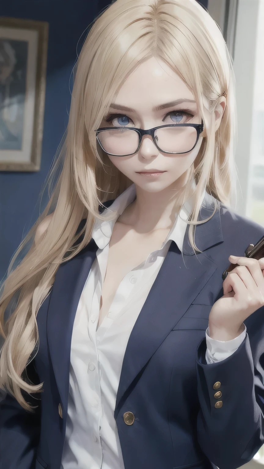 Portrait of a beautiful woman holding a shotgun,alone,20-year-old,Beautiful Face,Upper Body,Hair on one eye,Medium Sidecut, Blonde, Sharp focus,Black business suit,Glasses