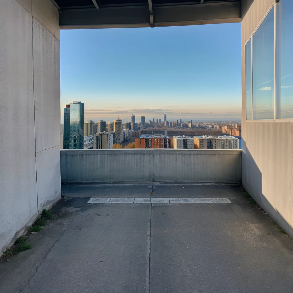 city, view from a small building, no people, nobody