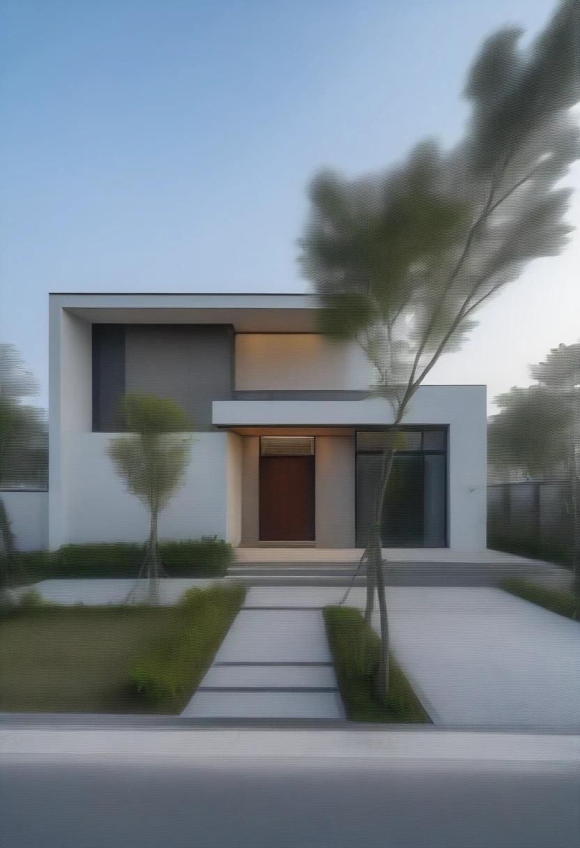 CRU photo,work of art, high qualiy, best qualityer, authentic, super detaill, plein-air, front-facing, single storey villaXL, aiai group, modern house style on the street, front house, visão front-facing, staircase, white wall road, pavement, gram, Trees, sky, nube, (Day Light:1.1)