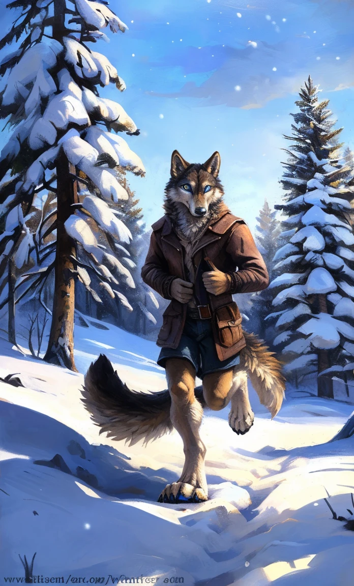 ((Solo)), male people, anthro wolf, (Multi-colored fur, White-brown:1.3，White tail pointed), (Height 2.1m,Tail length 1.2m), ((Wolf face, Big eyes, White eyelids, Blue pupil, Slim:1.2) (Tough, Calm expression:1.2)), Slim, pinging)), (Correct anatomy), (Winter clothing:1.1), The upper body  naked, (detailed outfits),A long big tail，Feet，(Realistic fur, Detailed fur texture, labeled:1.3)), (Natural lighting), Photorealistic, Hyperrealistic, ultradetailed, by Kenket，Snowfield，erect through，Running on