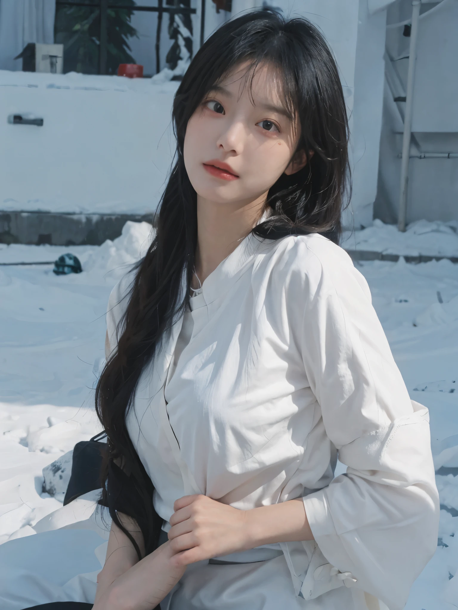 Best quality,masterpiece,Ultra-high resolution,snow,16K,Snow background,(Photo Realism:1.4),1 Girl,JK,Sexy,(Shirt and Tie:1.2),(Big breasts:2.3),(Upper body:1.4)