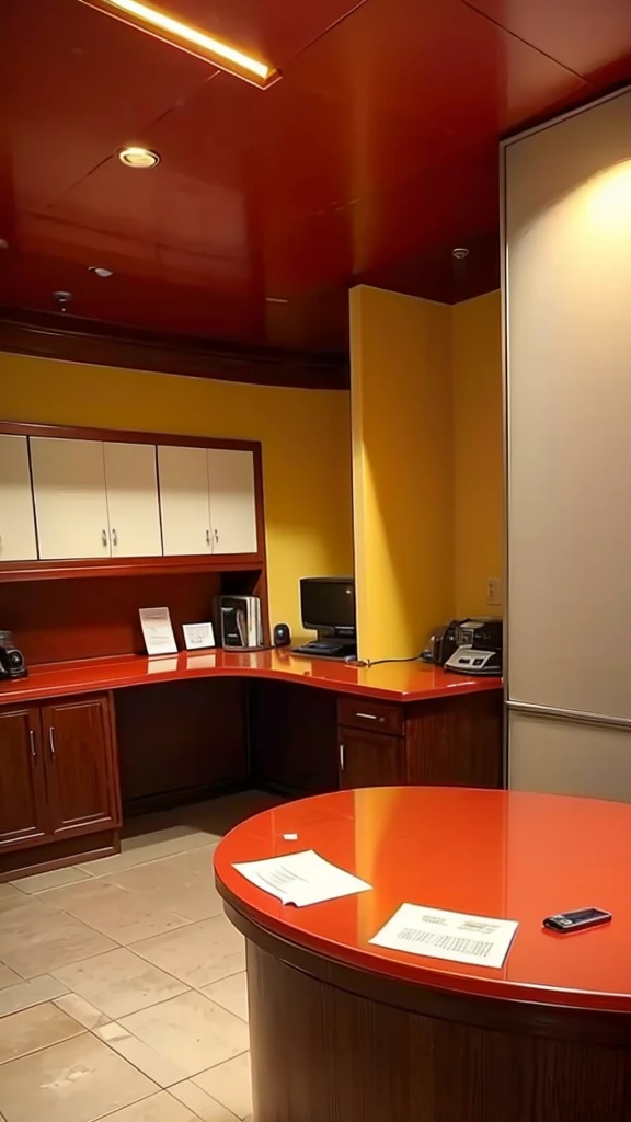 The reception desk at the hotel, made in light red and yellow colors, gentle colors, without people.