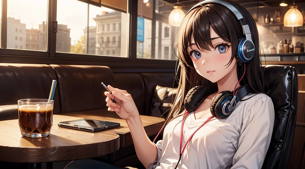 Girl with headphones enjoying music in a cafe I am studying Emphasize a little bit of the chest