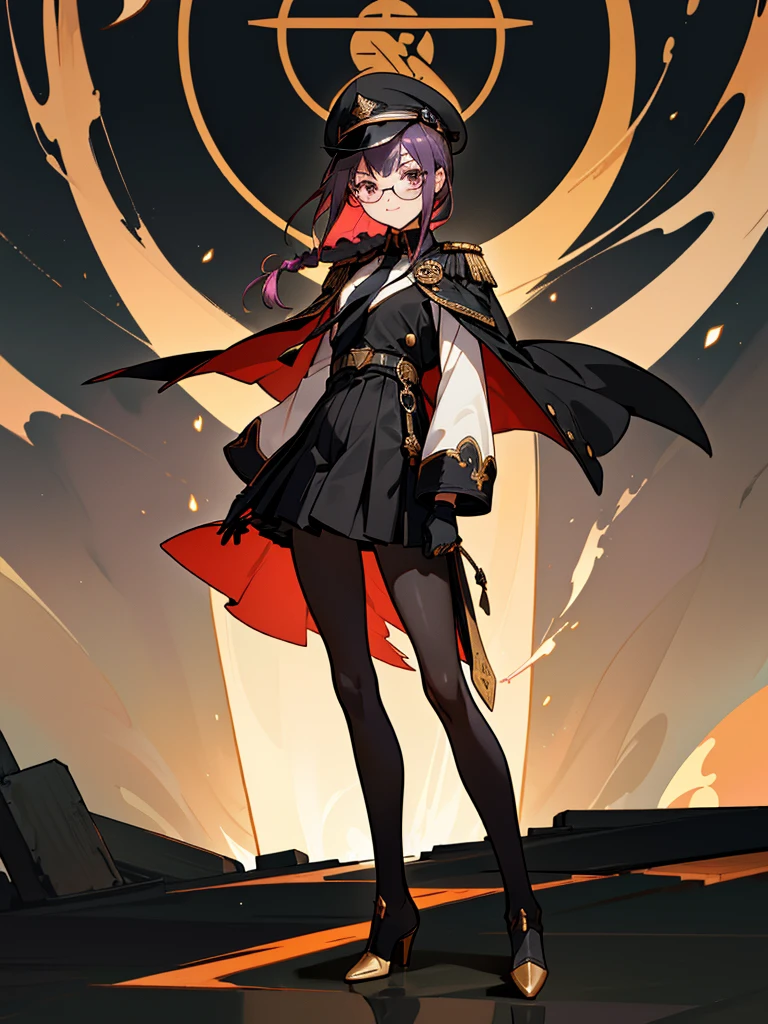 realisitic, City Deserted, Pile of rubble, Brick building, a one woman (18 years old, far away blackw hair, far away slits, Eyes red, glare eyes, 精致的面容, standing (In floor, feet shoulder-width apart), Lolita style military uniform (blackw base, Red Insert, golden decoration, volantes, wide sleeves, dainty and delicate detailing armors), blackw far away gloves (blackw, Red Insert, golden decoration, small hands, armors), blackw far away gloves, knee high boots (blackw, high-heels, red soles), ha (blackw, aba dourada, shield emblem, delicate details), arms in front, Front of belly, Holding military swords with both hands (blackw, golden decoration, delicate detail, Handle at the top, Ground-facing blade, in front of the body, far away), night sky (blackw, stele, Increased flames and smoke) Pale painting style, One Girl, super high quality, Super Detail, Super Detailed image, long hair, looking at viewer, skirt, shirt, hair ornament, violet eyes, gloves, round glasses, long sleeves, hat, closed mouth, jacket, violet hair, braid, open clothes, necktie, black gloves, black skirt, uniform, single braid, open jacket, black jacket, black headwear, 手链, peaked cap, black necktie, cropped jacket, military hat, pantyhose, Flat Chest, smile, Black Cape