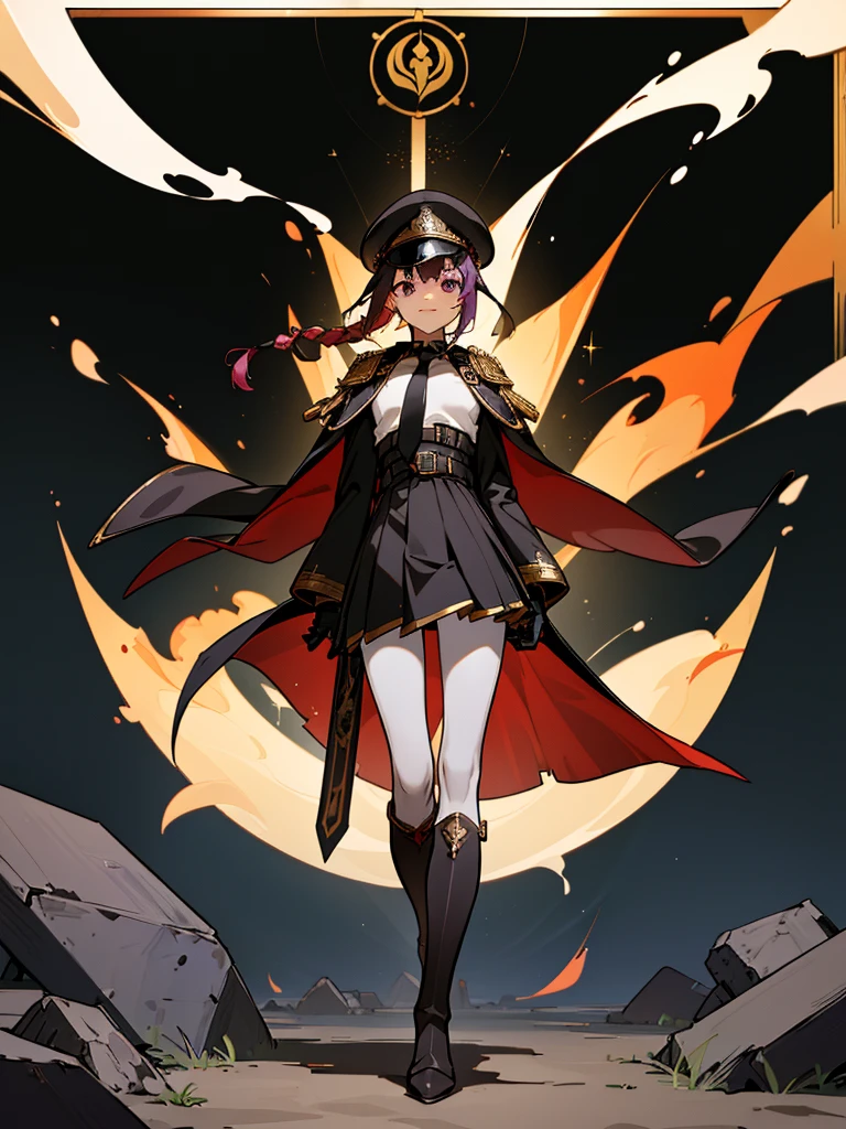 realisitic, City Deserted, Pile of rubble, Brick building, a one woman (18 years old, far away blackw hair, far away slits, Eyes red, glare eyes, 精致的面容, standing (In floor, feet shoulder-width apart), ****ta style military uniform (blackw base, Red Insert, golden decoration, volantes, wide sleeves, dainty and delicate detailing armors), blackw far away gloves (blackw, Red Insert, golden decoration, small hands, armors), blackw far away gloves, knee high boots (blackw, high-heels, red soles), ha (blackw, aba dourada, shield emblem, delicate details), arms in front, Front of belly, Holding military swords with both hands (blackw, golden decoration, delicate detail, Handle at the top, Ground-facing blade, in front of the body, far away), night sky (blackw, stele, Increased flames and smoke) Pale painting style, One Girl, super high quality, Super Detail, Super Detailed image, long hair, looking at viewer, skirt, shirt, hair ornament, violet eyes, gloves, round glasses, long sleeves, hat, closed mouth, jacket, violet hair, braid, open clothes, necktie, black gloves, black skirt, uniform, single braid, open jacket, black jacket, black headwear, 手链, peaked cap, black necktie, cropped jacket, military hat, pantyhose, Flat Chest, smile, Black Cape