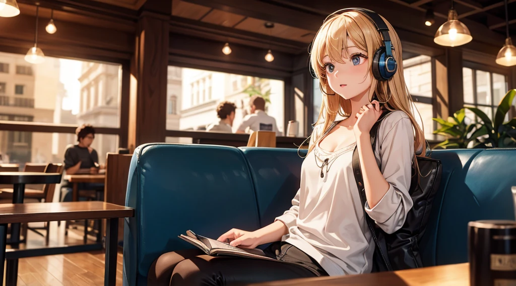 Girl with headphones enjoying music in a cafe I am studying Emphasize a little bit of the chest