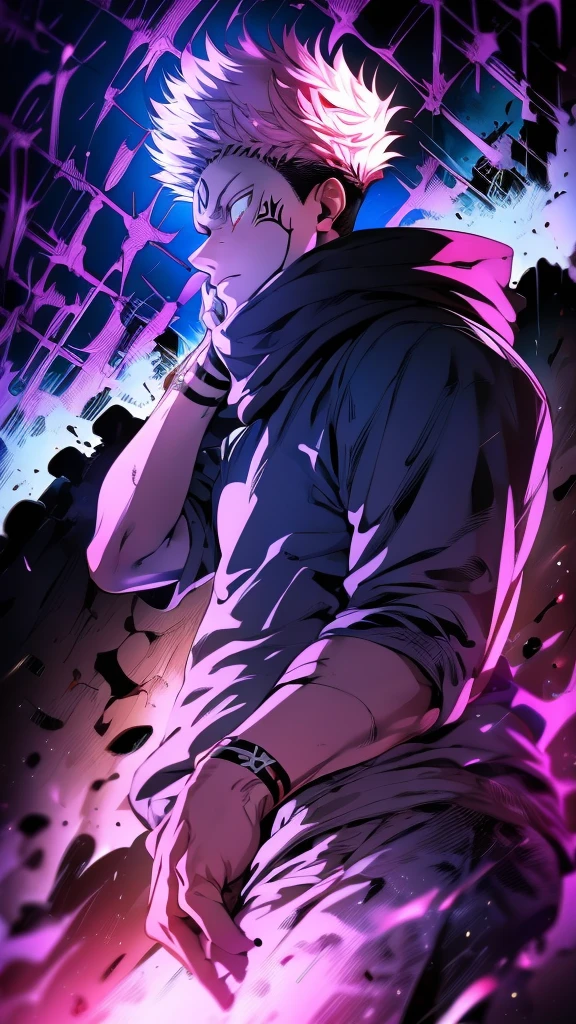 a male character named "ROYAMEN SUKUNA" in. "Jujutsu Kaisen" story series, has short, dry, pink hair, is dressed in a black hoodie with a red hoodie, has a tattoo on the face that resembles black abstract lines, and a curved tattoo on the wrist down to the chin with 4K HDR photo resolution, ANIME ,