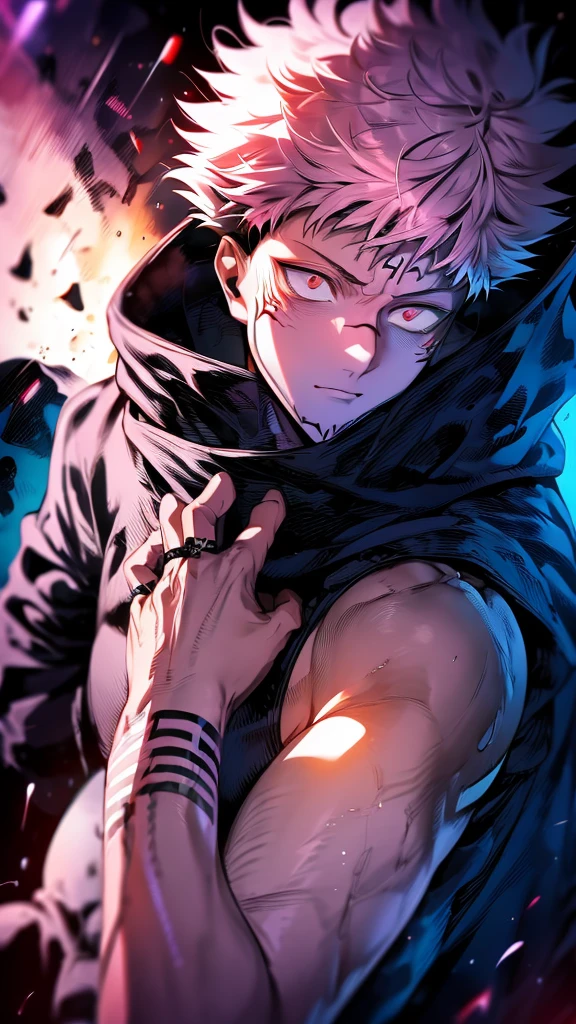 a male character named "ROYAMEN SUKUNA" in. "Jujutsu Kaisen" story series, has short, dry, pink hair, is dressed in a black hoodie with a red hoodie, has a tattoo on the face that resembles black abstract lines, and a curved tattoo on the wrist down to the chin with 4K HDR photo resolution, ANIME ,