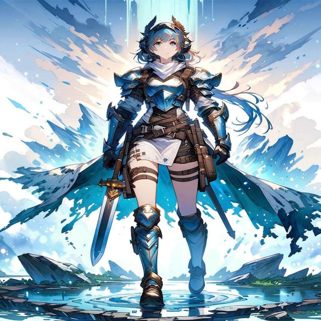 a woman in a white dress holding a sword and standing in a puddle, from arknights,armor girl, arknights, anime fantasy illustration, white armor, blue and ice silver color armor, anime character art, female anime character, granblue fantasy, beautiful fantasy anime, 