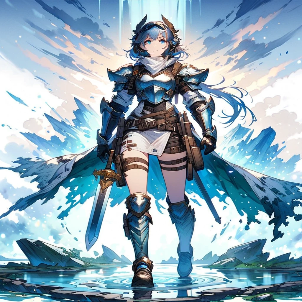 a woman in a white dress holding a sword and standing in a puddle, from arknights,armor girl, arknights, anime fantasy illustration, white armor, blue and ice silver color armor, anime character art, female anime character, granblue fantasy, beautiful fantasy anime, 