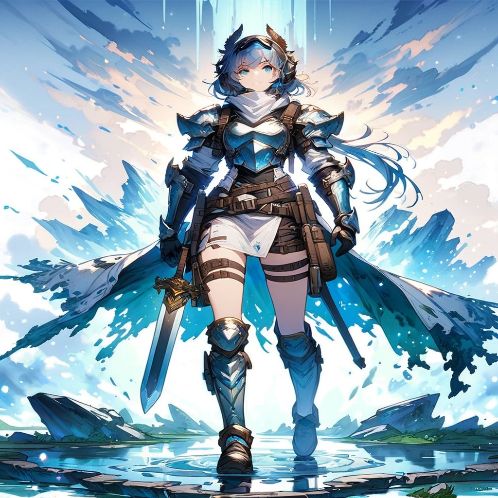 a woman in a white dress holding a sword and standing in a puddle, from arknights,armor girl, arknights, anime fantasy illustration, white armor, blue and ice silver color armor, anime character art, female anime character, granblue fantasy, beautiful fantasy anime, 