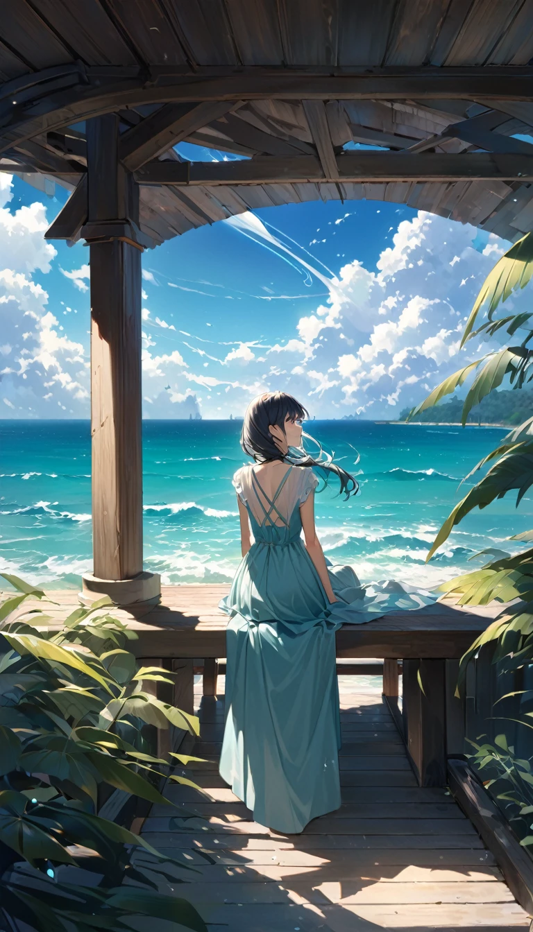 A girl is sitting on a pier with her back、Back view looking at the sea。There is a small island across the sea、Clouds are floating in the sky。The sunlight shines through the gaps in the clouds、Creating a fantastic scene。The sky is blue、The clouds are shining white、I can feel the wind blowing。wood々The leaves are slightly visible at the top.。 Paintings inspired by Makoto Shinkai, Beautiful anime scenery、Ultra-realistic, Anime movie background, Pixiv Topics、The sea water is clear、Seeing shades of green and blue、Flowing streaks of clouds can be seen in the sky、The sea is the main thing、