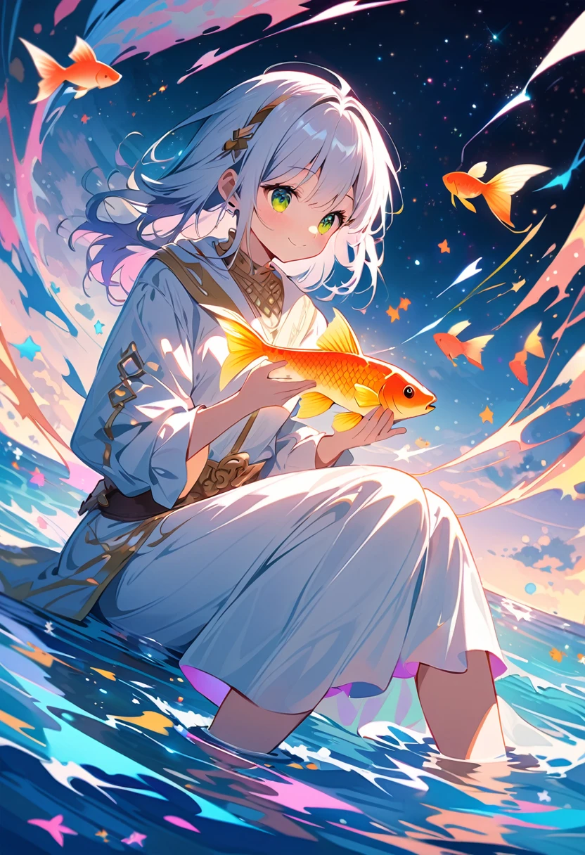 A black and white tabby cat sits on the water, Holding an elegant golden koi in hand，Its scales glow neon. Fish flying above cat. Background with dark blue sky and stars, Create a dreamy atmosphere. This work was created digitally，Highlights intricate details of textures and lighting effects. It captures the magical moment cats interact with the colourful glow of their happy goldfish under a starry sky, Magical realism style. 
