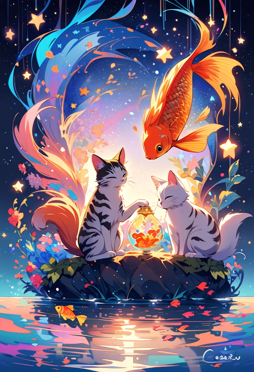 A black and white tabby cat sits on the water, Holding an elegant golden koi in hand，Its scales glow neon. Fish flying above cat. Background with dark blue sky and stars, Create a dreamy atmosphere. This work was created digitally，Highlights intricate details of textures and lighting effects. It captures the magical moment cats interact with the colourful glow of their happy goldfish under a starry sky, Magical realism style. 