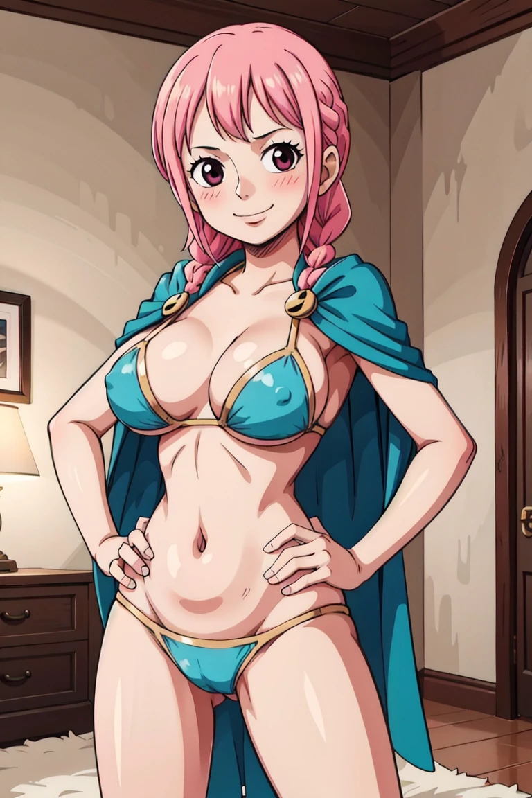 1girl, Rebecca_onepiece, braid pink hair, twin braids, blue cape, bikini armor, , (masterpiece:1.2), highres, best quality, 8k, very clear, room, big breasts, room, indoors, blush, seductive smile, looking at viewer, crazy smile, hand on hip, nipples, grabbing breasts, pussy, hand on own pussy, hand in panties