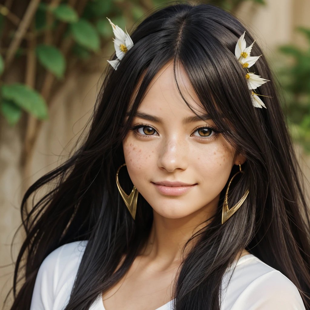 Masterpiece, best quality, {best quality}, {{masterpiece}}, {highres}, focus, anime style, a closeup of a cartoon of a woman, girl design, mara, portrait, giesha, anime image, long hair, black hair, heterochrome eyes, hair covering ears, happy, polished and powerful look, exotic, tall, freckles, smiling