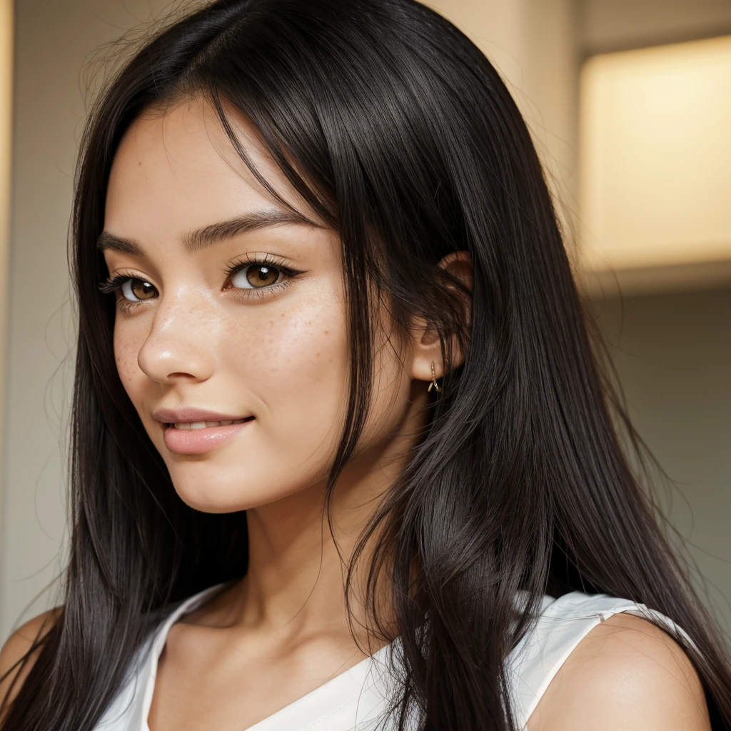Masterpiece, best quality, {best quality}, {{masterpiece}}, {highres}, focus, anime style, a closeup of a cartoon of a woman, girl design, mara, portrait, giesha, anime image, long hair, black hair, heterochrome eyes, hair covering ears, happy, polished and powerful look, exotic, tall, freckles, smiling