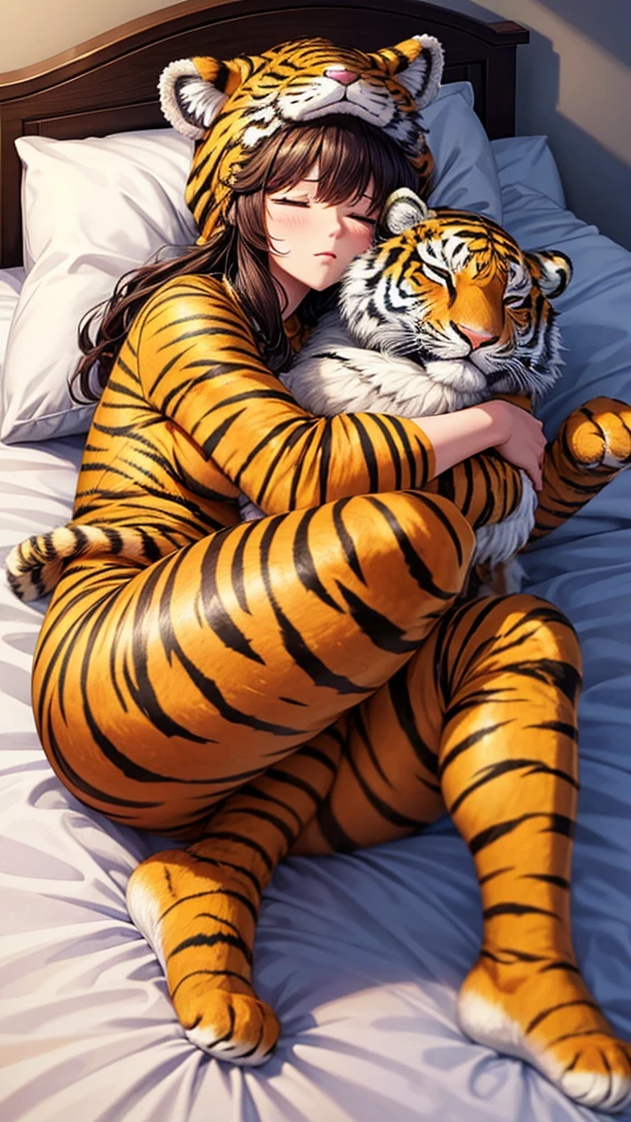 A woman wearing a fluffy tiger costume is sleeping in bed, hugging a pillow