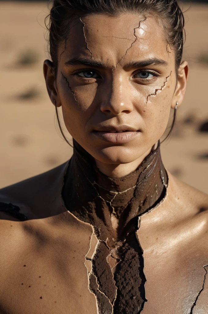 close-up portrait of a person with their skin completely cracked and dry, like a parched desert. The cracks are deep and jagged, revealing layers of flesh underneath. TikTok ratio format