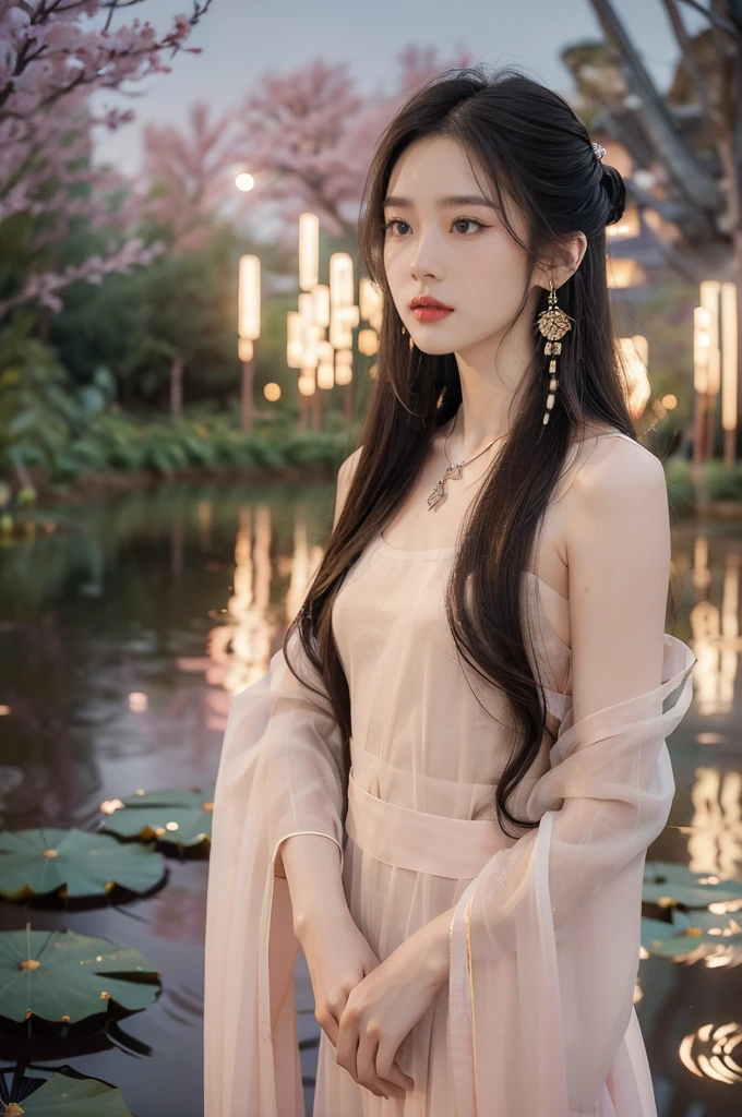 (((best quality))),(((ultra detailed))),(((masterpiece))),illustration,((1 beautiful young girl,solo)),((slim,thin)),(shoulder length straight hair:1.2),((earrings,necklace)),((small breasts,flat chest)),(see through traditional pink sheer Hanfu dress:1.3),(slender legs:1.2),(beside the lotus pond full of lotus flowers:1.3), serene moonlight, ethereal,floral pattern, water movement, billowing fabric, tranquil, moon reflection, petals, fireflies, magical, light,warm light, dreams, invitation, standing, gazing, reflection, inner thoughts, emotional, sweet scent, natural beauty, solitude, hypnotic lull, eternal summer,(night scene:1.3), natural world, human spirit, celebration, backdrop, water, glow,((from front,upper body))