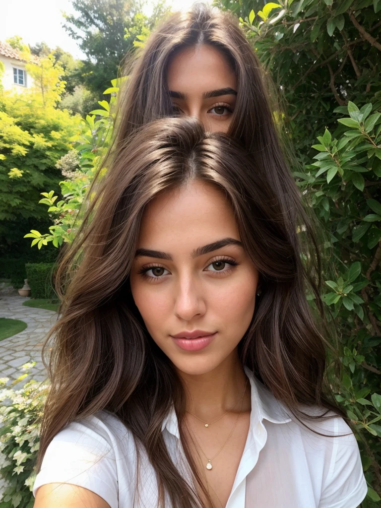 A 23-year-old dark blonde woman, ((pechos grandes)), ((hiperrealismo)) ,. Dark blonde hair with light brown roots. cabello rubio, Hair with brown roots, cabello extra largo, cabello muy largo, really long hair, Beautiful, Front view, selfie, photo taken with iPhone, elegant black shirt with escote, escotada, selfie in the garden, high quality, selfie iPhone, cleavage