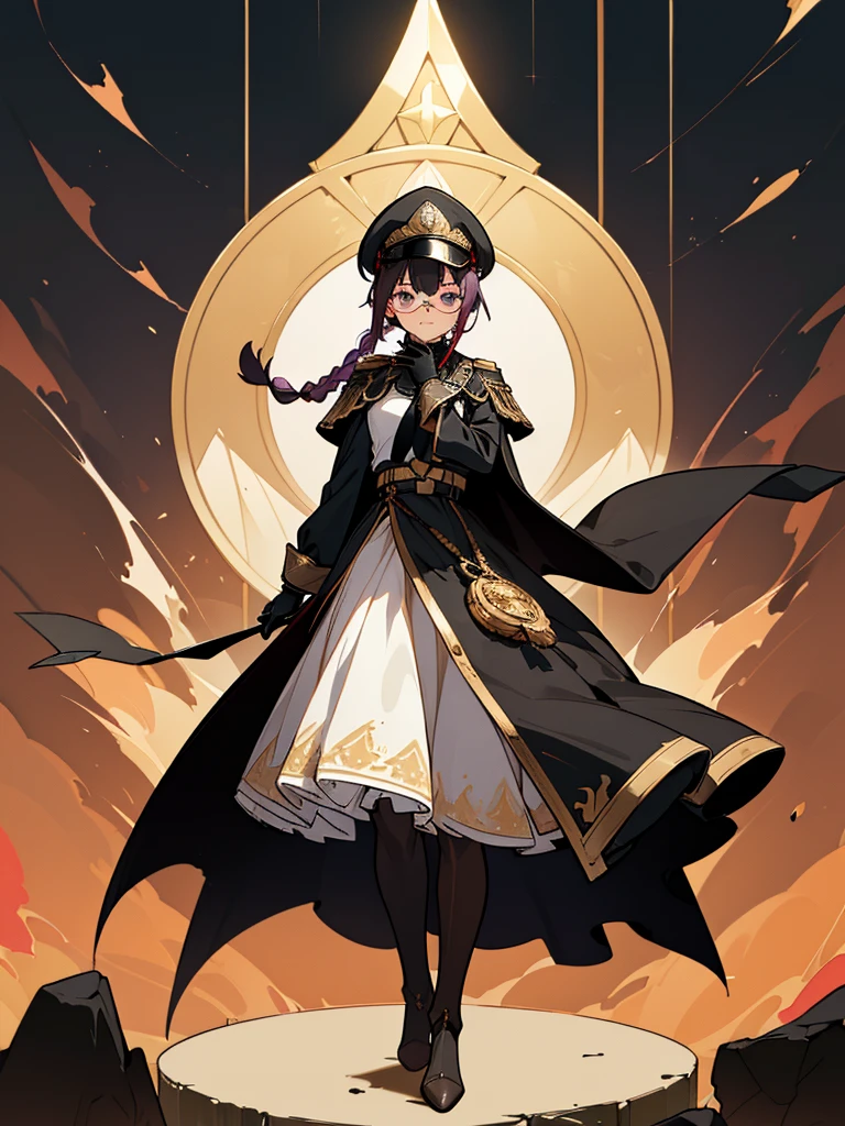 realisitic, City Deserted, Pile of rubble, Brick building, a one woman (18 years old, far away blackw hair, far away slits, Eyes red, glare eyes, 精致的面容, standing (In floor, feet shoulder-width apart), ta style military uniform (blackw base, Red Insert, golden decoration, volantes, wide sleeves, dainty and delicate detailing armors), blackw far away gloves (blackw, Red Insert, golden decoration, small hands, armors), blackw far away gloves, knee high boots (blackw, high-heels, red soles), ha (blackw, aba dourada, shield emblem, delicate details), arms in front, Front of belly, Holding military swords with both hands (blackw, golden decoration, delicate detail, Handle at the top, Ground-facing blade, in front of the body, far away), night sky (blackw, stele, Increased flames and smoke) Pale painting style, One Girl, super high quality, Super Detail, Super Detailed image, long hair, looking at viewer, skirt, shirt, hair ornament, violet eyes, gloves, round glasses, long sleeves, hat, closed mouth, jacket, violet hair, braid, open clothes, necktie, black gloves, black skirt, uniform, single braid, open jacket, black jacket, black headwear, 手链, peaked cap, black necktie, cropped jacket, military hat, pantyhose, Flat Chest, smile, Black Cape