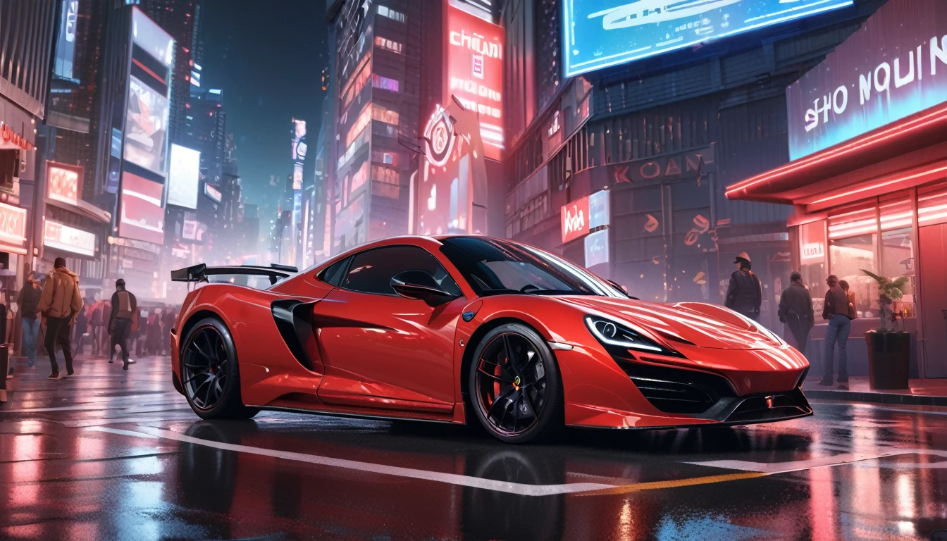 (best quality, masterpiece, ultra detailed, ultra high res, photorealistic, raw photo, absolutely resolution), neon, city, red sports car, late night