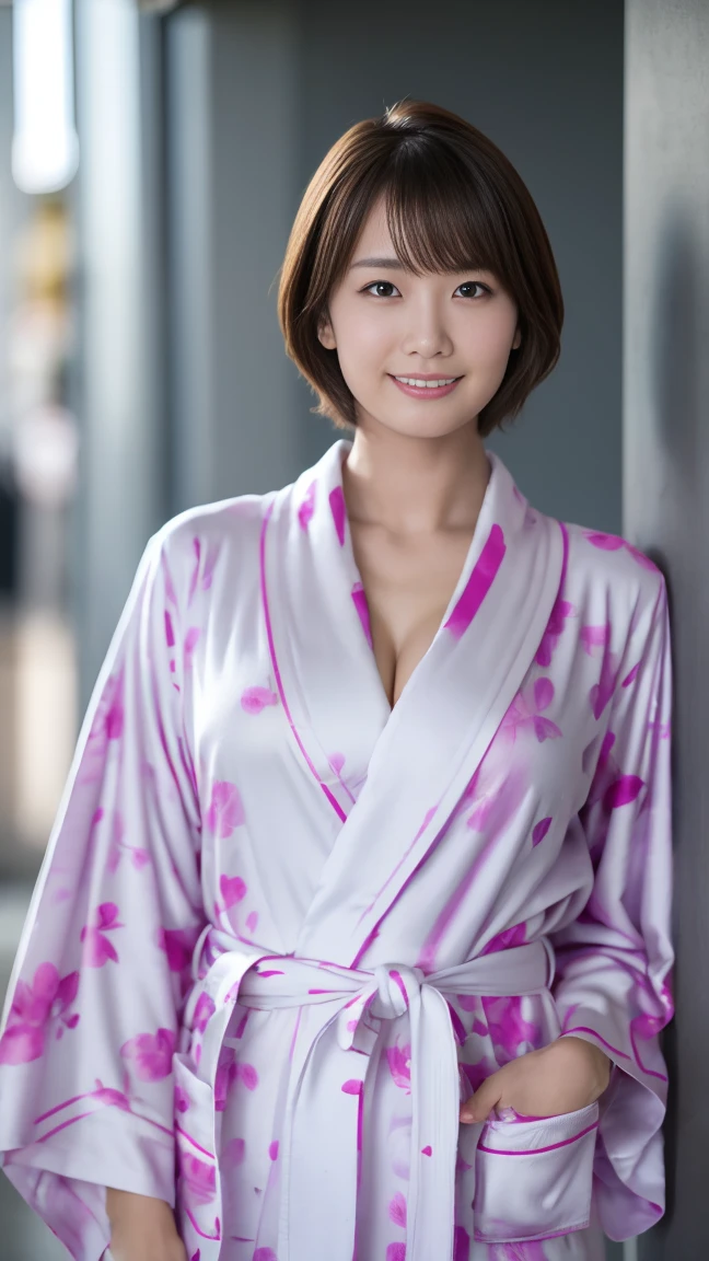 masutepiece, Best Quality, Photorealsitic, finely detail, hight resolution,beautiful japanese woman,beautiful detailed eyes, beautiful detailed lips, extremely detailed face, small head, small areola, cinematic lighting, photorealistic, 8k, high quality, hyper detailed, look at me,smile,(bathrobe:1.4),(short hair:1.2),(random location),(medium breasts:1.2),(inoueseika),(full body:1.3),slender,beautifull legs,(cleavage:1.3),(sexy posing),(bokeh:1.3)