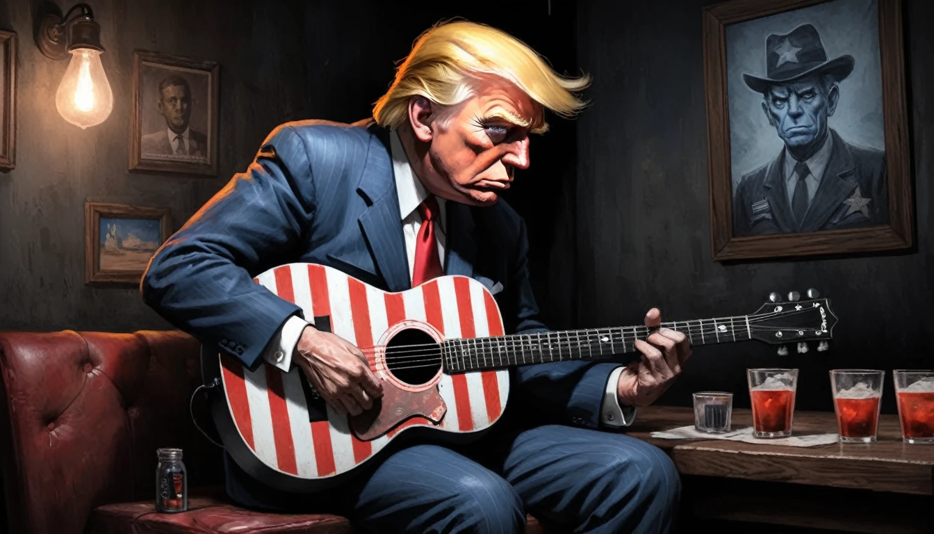 robert johnson, gritty, alabama bar, blue note, charismatic, illustration, noir fantasy, lone Donald Trump, sad ending, holding guitar, american flag