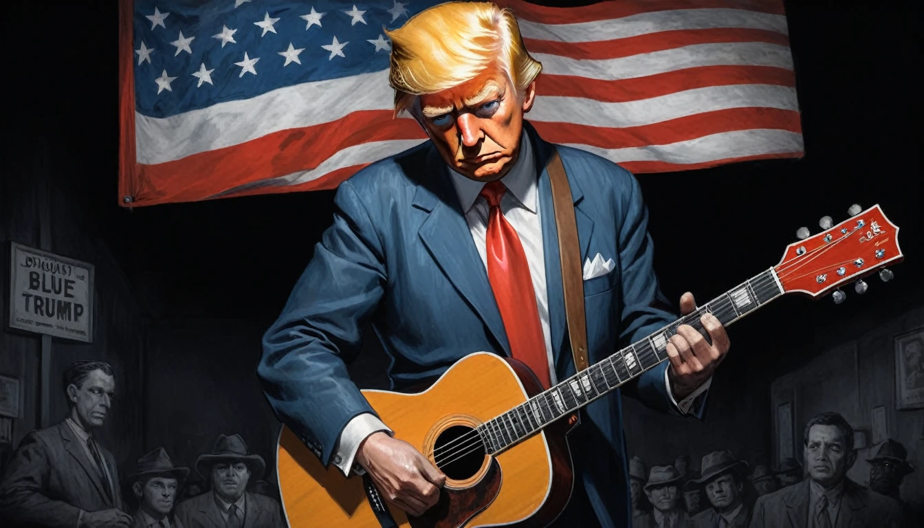 robert johnson, gritty, alabama bar, blue note, charismatic, illustration,  fantasy, lone Donald Trump, sad ending, holding guitar, american flag