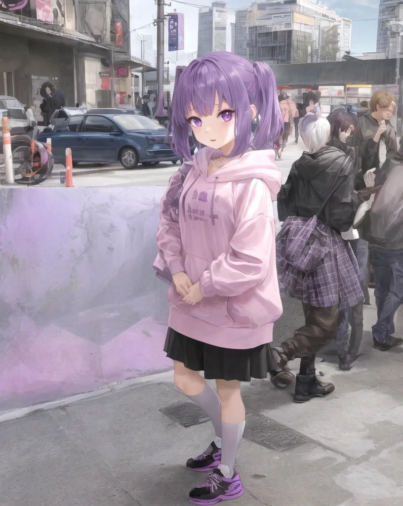 Anime Girls、White shorthair、Purple eyes、hoodie、smartphone、streamer、virtual、Street Style