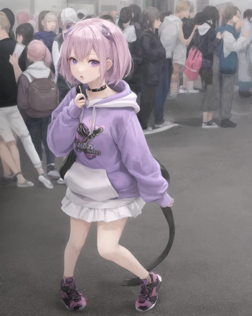 Anime Girls、White shorthair、Purple eyes、hoodie、smartphone、streamer、virtual、Street Style