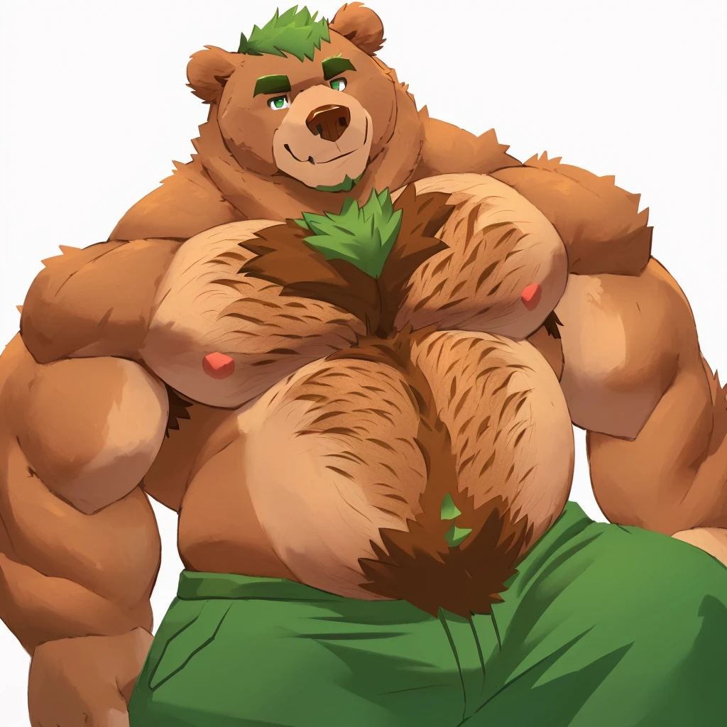 a caramel brown colored fur, hyper hairy and hyper muscular grizzly bear, green hair, green eyes, caramel brown chest hair, closed smile, bara bear, himbo body, high quality furry art, sexy body.