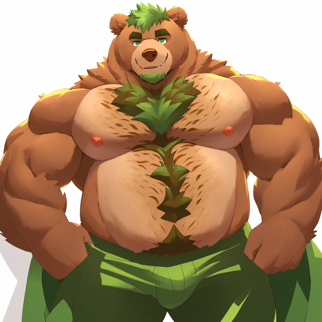 a caramel brown colored fur, hyper hairy and hyper muscular grizzly bear, green hair, green eyes, caramel brown chest hair, closed smile, bara bear, himbo body, high quality furry art, sexy body.
