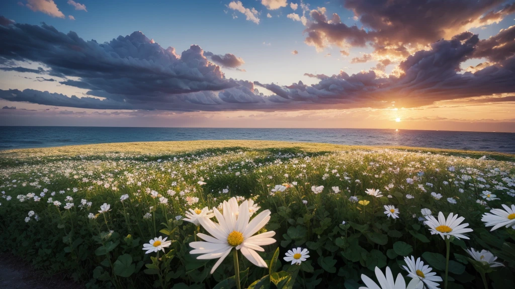 masterpiece , best quality ,sunset, field ,white flower , , blue flower ,big flower,realistic,seaside