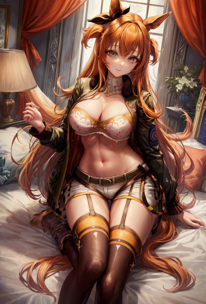 masterpiece, best quality, 1 solo girl, orange hair, green eyes, long hair, medium breasts, sexy body and face, wavy hair, smile, black bra, black panty, pendant, bracelet, jewelry, earrings, feather hair ornament, book, lying at the bed, night, sexy pose, cowboy shots, detailed body, face, and eyes, sharp focus, vibrant, creative, dynamic, high definition, high resolution, 8k, (Upscale: R-ESRGAN 4x+ Anime6mage enchance:4x), voluptuous body, cinema lightning, dakimakura style, looking at the viewer, single braid