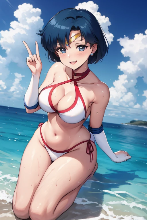 masterpiece, best quality, beautiful art, high resolution, well formed hands, body and fingers, 1 woman, solo, Sailor Mercury, sailor collar, elbow gloves, earrings, blue makeup, sailor senshi uniform, full body picture, grown up, adult, large and rounded breasted, cleavage, hair ornament, wearing a Tyris Flare outfit ,  white_bikini, full body, sexy and skimpy  bikini, gorgeous  hips, legs and thighs bouncing breasts, dancing seductively and erotically, turning backwards and forwards, bikini thong, shaking her body alluringly, smiling joyfully, looking at the viewer, sweating , flirting, beach environment 