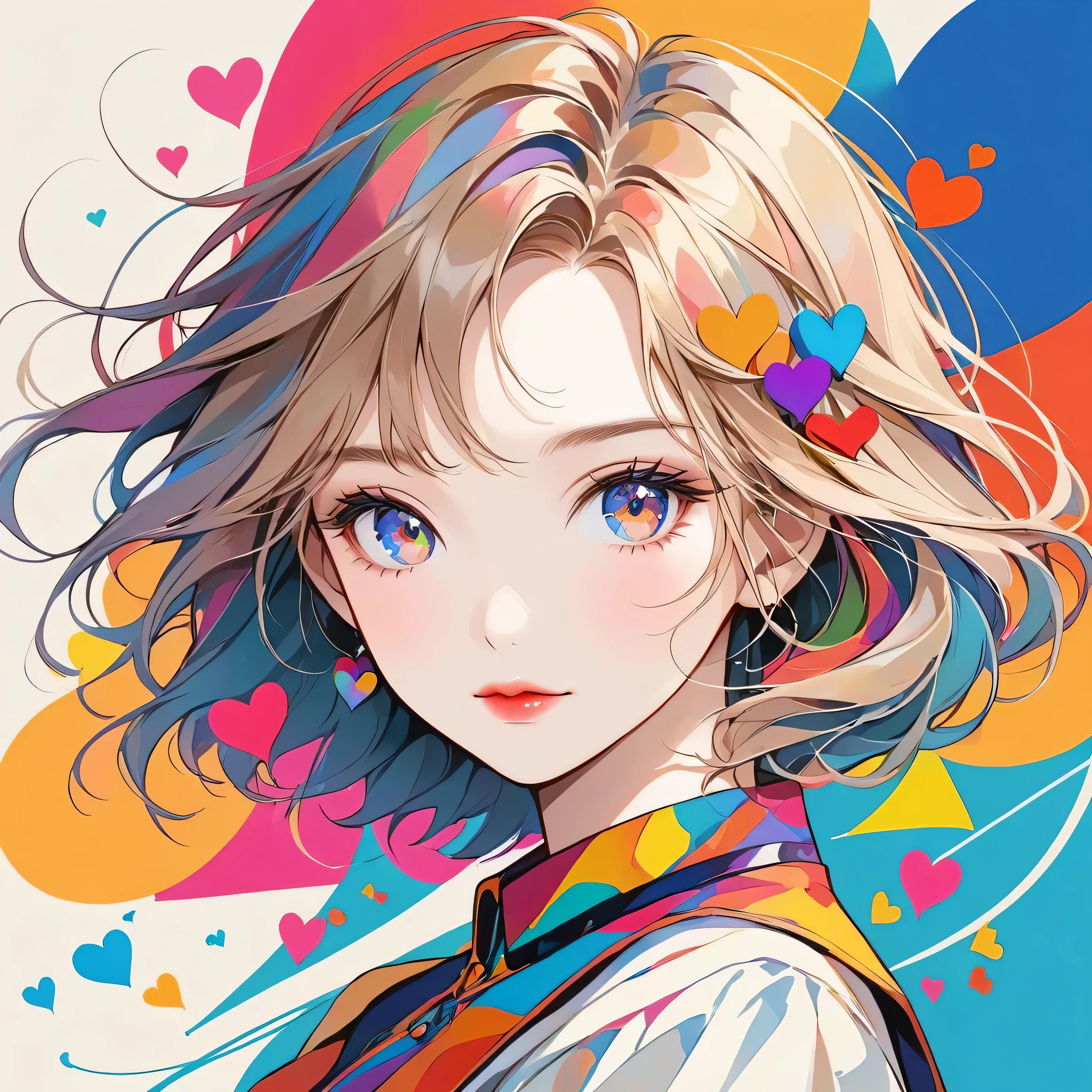 Vasily Kandinsky colorful style, Simple Line Initialism,Abstract art,Urban Background, (((The most beautiful girl of all time))), Sweet face. Lips in love, colorful hearts, stylish design