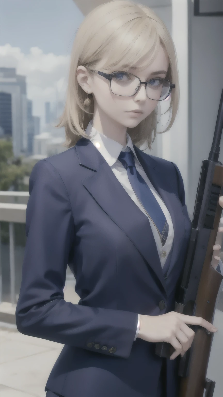 Portrait of a beautiful woman holding a gun,alone,20-year-old,Beautiful Face,Upper Body,Great style,Hair on one eye,Medium Sidecut, Blonde, Sharp focus,Black business suit,Glasses