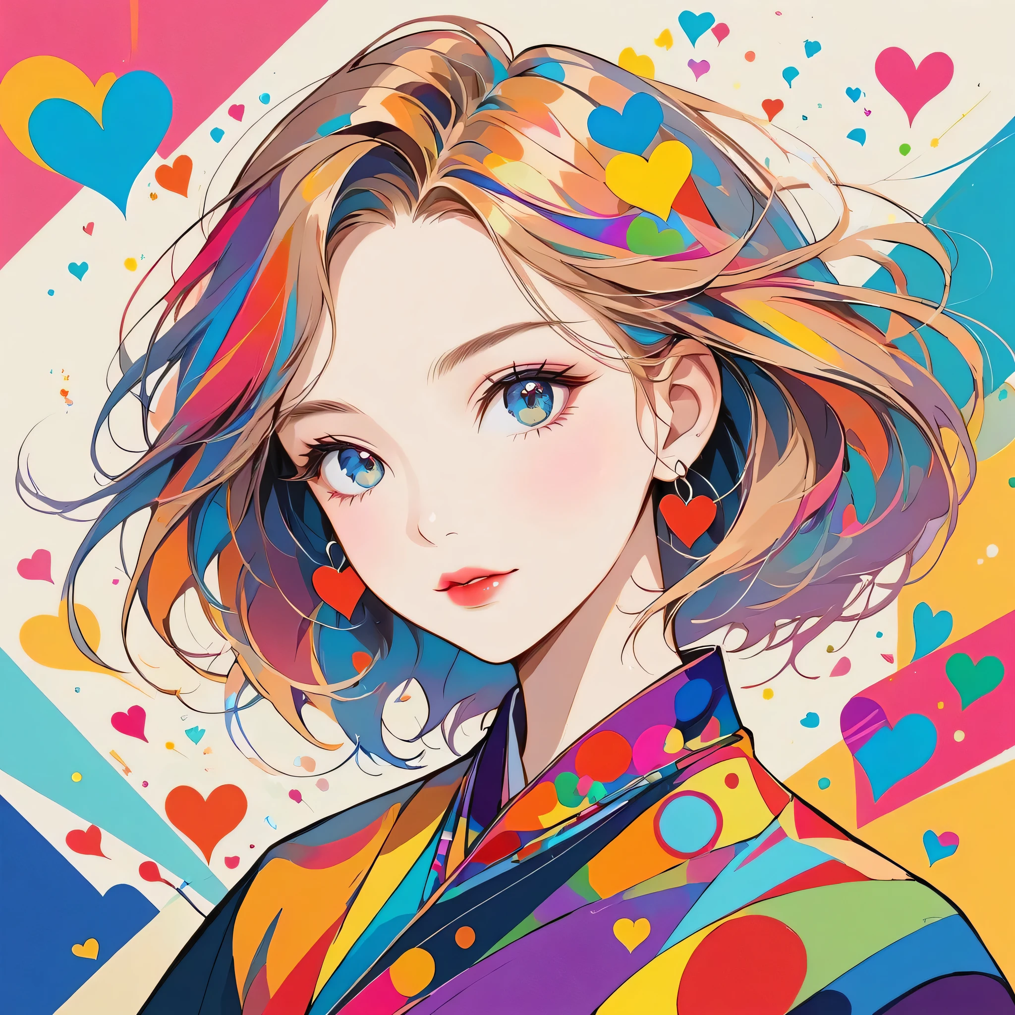 Vasily Kandinsky colorful style, Simple Line Initialism，Abstract art，Urban Background, (((The most beautiful girl of all time))), Sweet face. Lips in love, colorful hearts, stylish design