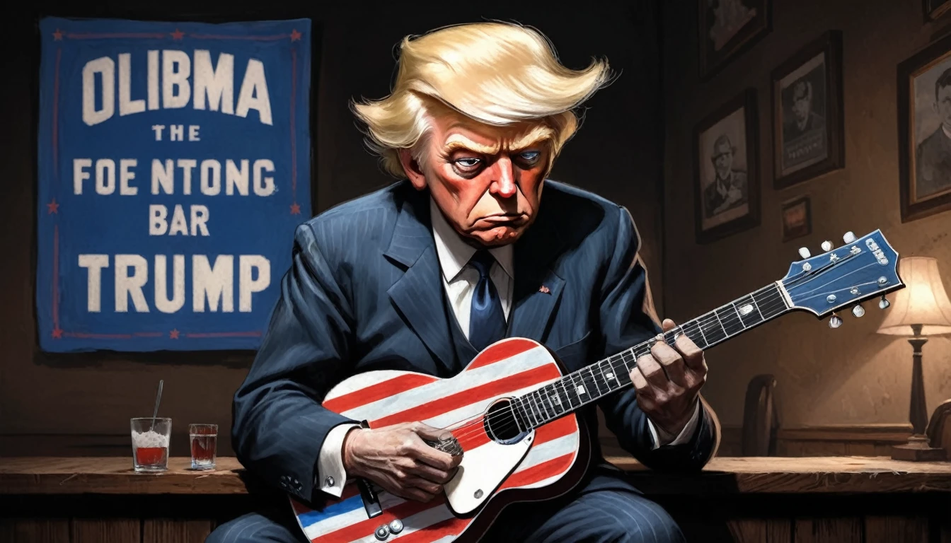 robert johnson, gritty, alabama bar, blue note, charismatic, illustration, noir fantasy, lone Donald Trump, sad ending, holding guitar, american flag