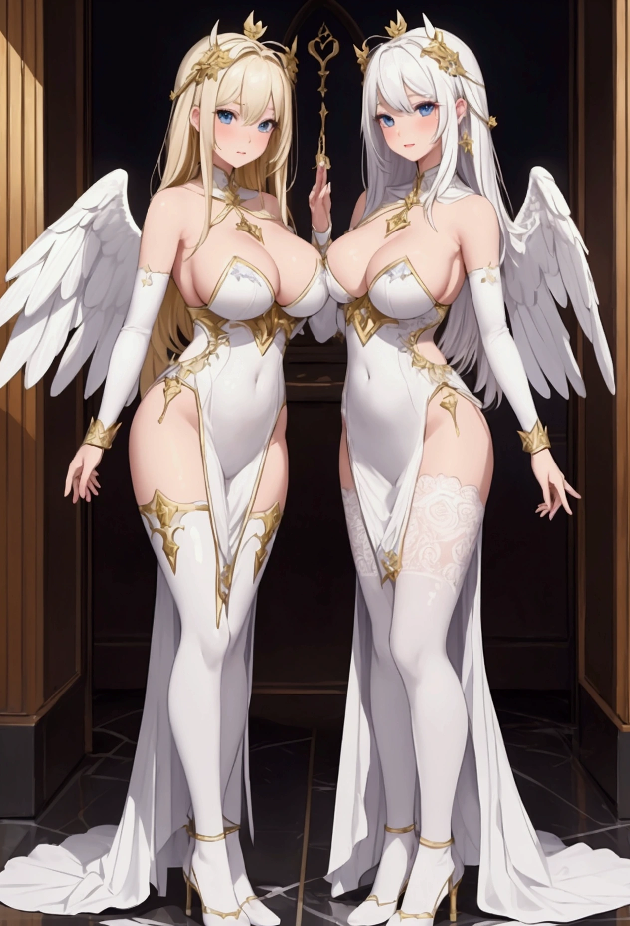 (Masterpiece), (need), (Super detailed), (Full Body Love: 1.2), (I am), Two twins with breasts, One is blonde,The other is white hair,Wear the costume of an angel,Has beautiful white wings, The characters return to their