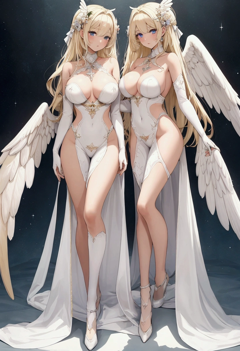 (Masterpiece), (need), (Super detailed), (Full Body Love: 1.2), (I am), Two twins with breasts, One is blonde，The other is white hair，Wear the costume of an angel，Has beautiful white wings, The characters return to their