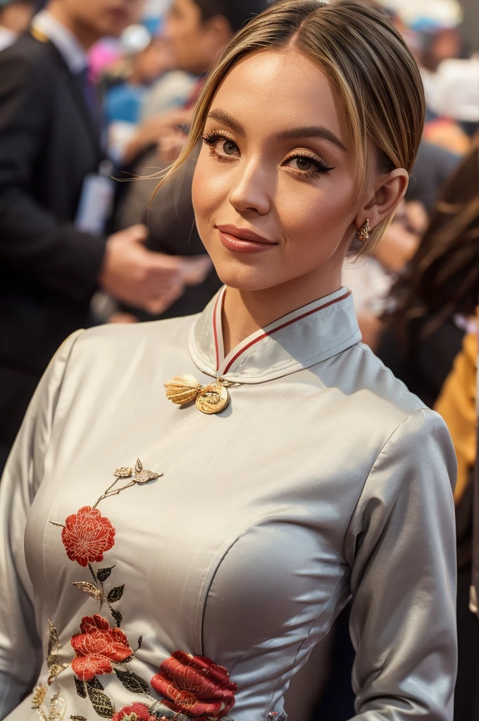 (photograph of Sydney, in silk qipao), (looking at viewer), photorealistic, seductive, face and body focus, instagram selfie