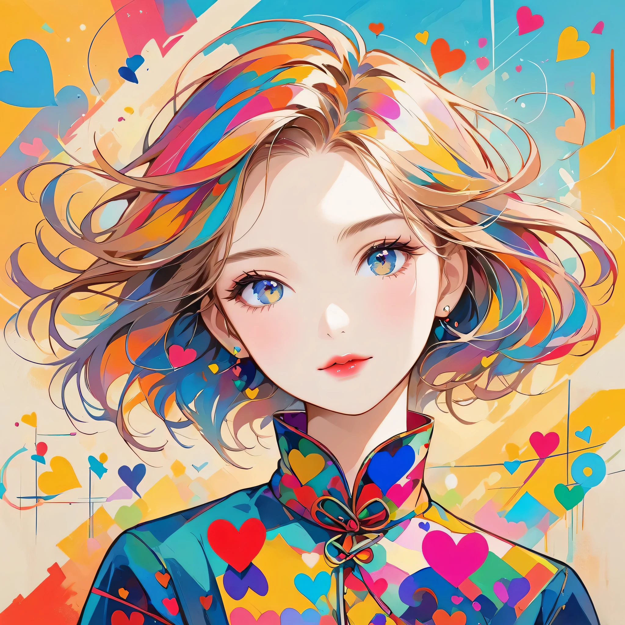 Vasily Kandinsky colorful style, Simple Line Initialism，Abstract art，Urban Background, (((The most beautiful girl of all time))), Sweet face. Lips in love, colorful hearts, stylish design