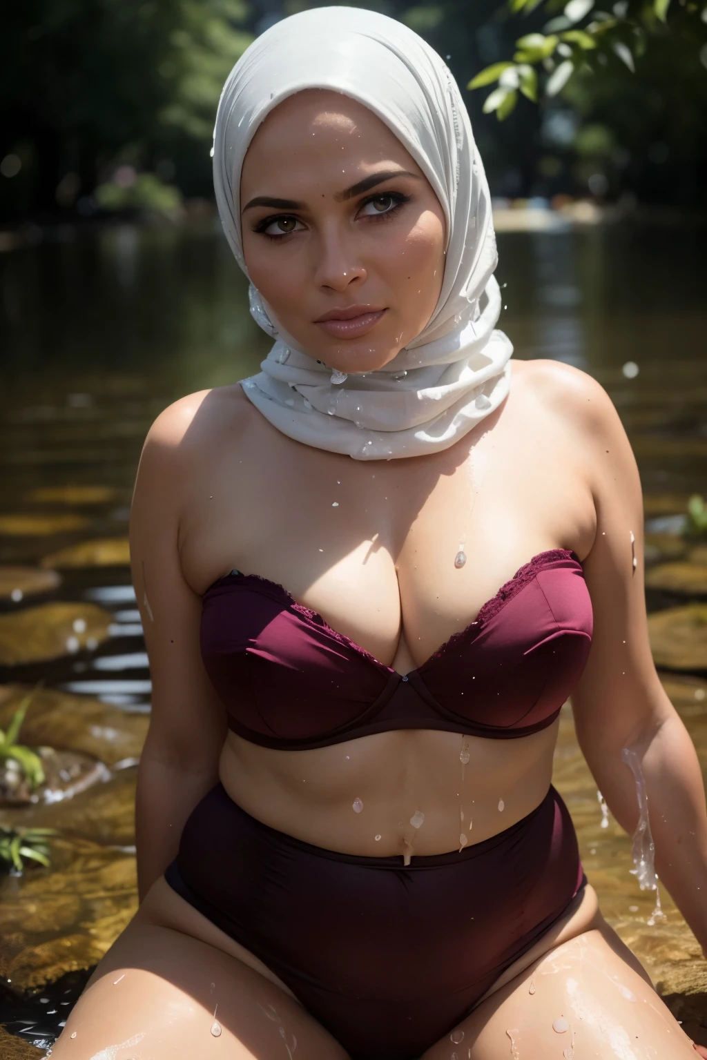 (((Straddling))), ((Chubby:1.4)), ((HIJAB)), WEARING STRAPLESS PATTERN FLORAL BRA, (Best Quality, hight resolution, Realistic:1.37), Detailed face and expression, The Frightened Woman, pixie cut, sickly, Worn-out appearance, Swamp environment, standingn, Seductively drowning in a swamp, Distressed flared satin, cloudy water, Sinking Feeling, gloomy atmosphere, Foggy surroundings, dark shadows, A Surreal Touch, soft-lighting, creepy ambiance, can't cope with shame, (((Water Splash))).