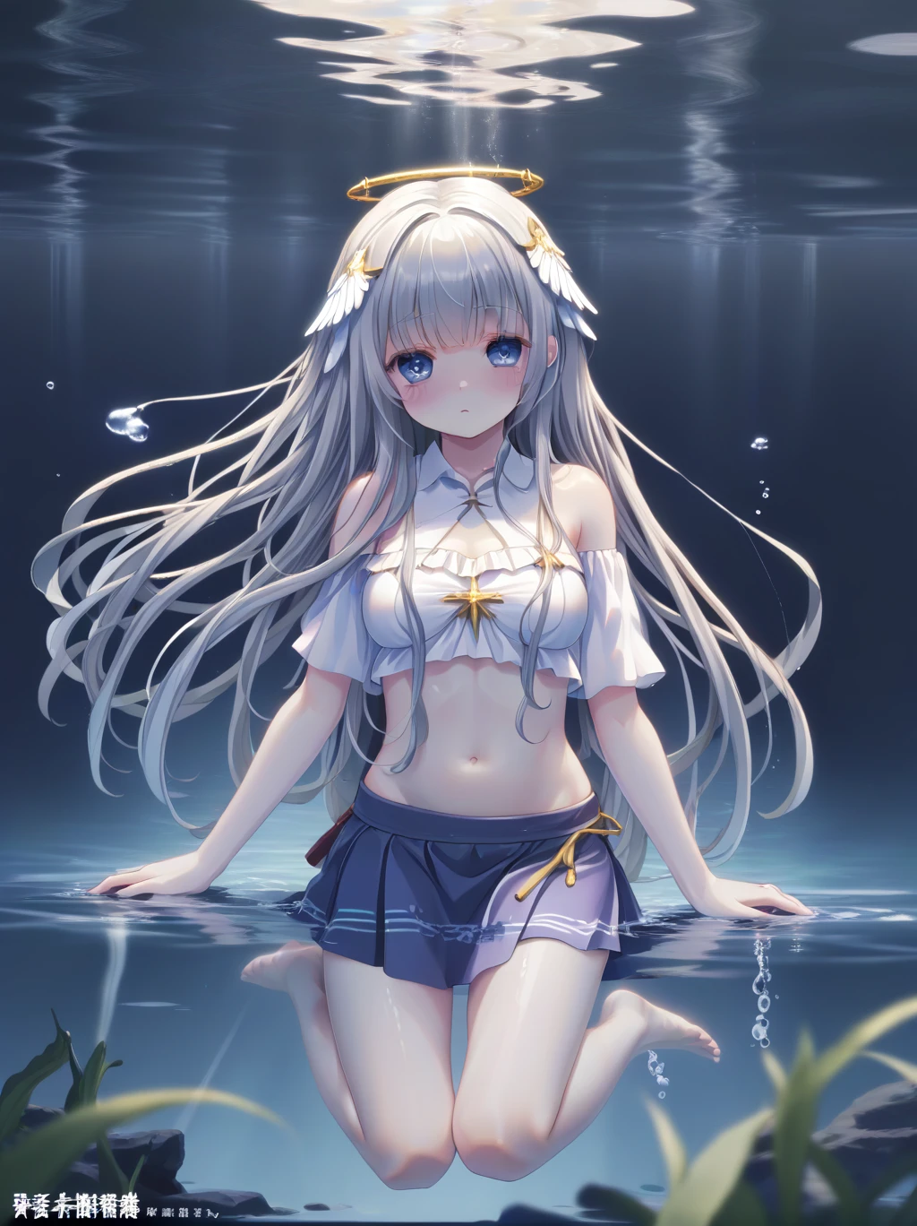  Partly underwater, lakeの女神, Long hair, Wet hair,
lake,Dark background, Blur edges,8 year-old、flat chest、skirt、Neck above waterline、Dead body in water, Underwater Photography、浮力でskirtがめくれる、Angel Halo