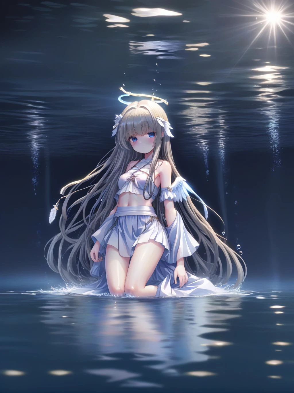  Partly underwater, lakeの女神, Long hair, Wet hair,
lake,Dark background, Blur edges,8 -old、t chest、skirt、Neck above waterline、Dead body in water, Underwater Photography、浮力でskirtがめくれる、Angel Halo